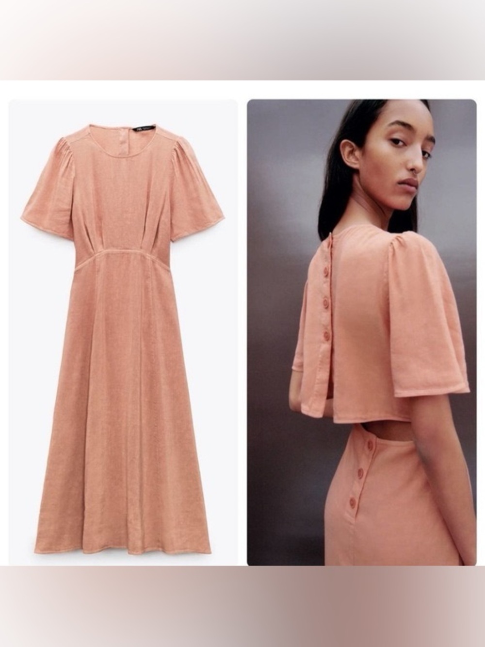 Zara Linen Blend Cutout Midi Dress Peach Coral Puff Sleeve XS - Picture 3 of 11